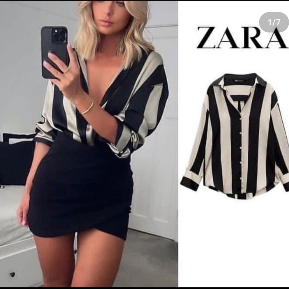 ZARA STRIPED OVERSIZE SHIRT BLACK / SAND | 7885/138 SIZE M
